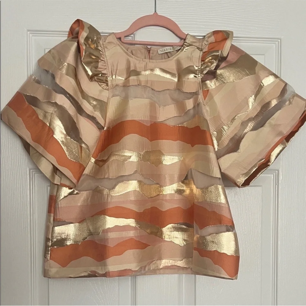 Marie Oliver Peach & Gold Metallic Stripe Ruffle Top